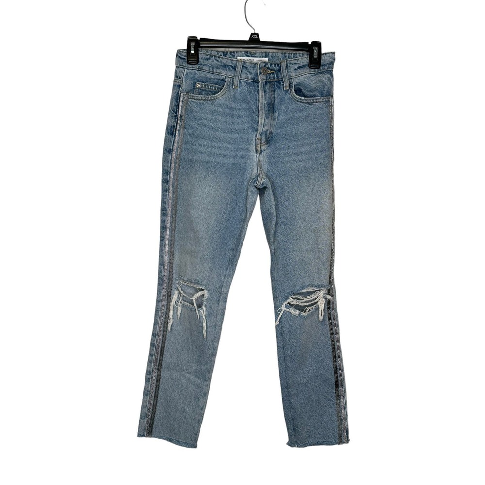 Zara Basic Women's Jeans Distressed Skinny Denim Mid-Rise Light Blue Wash Size 2